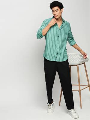 men's long sleeves vertical stripes sea green shirt 5