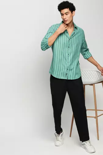 men's long sleeves vertical stripes sea green shirt