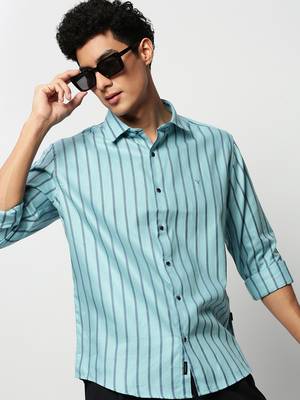 men's long sleeves vertical stripes blue shirt 1