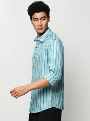 men's long sleeves vertical stripes blue shirt 3