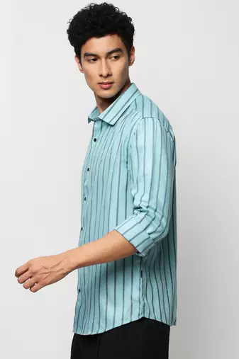 men's long sleeves vertical stripes blue shirt