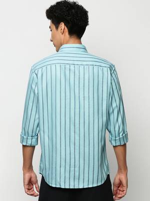 men's long sleeves vertical stripes blue shirt 4
