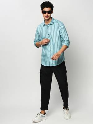men's long sleeves vertical stripes blue shirt 5