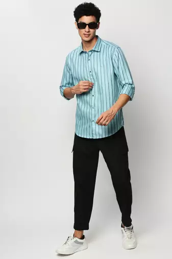 men's long sleeves vertical stripes blue shirt