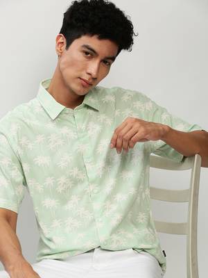 men's short sleeves floral green shirt 1