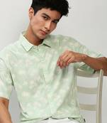 men's short sleeves floral green shirt