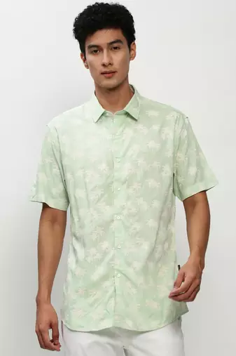 men's short sleeves floral green shirt