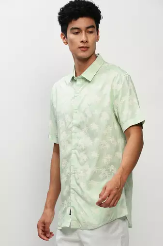 men's short sleeves floral green shirt