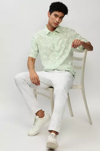 men's short sleeves floral green shirt
