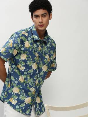 men's short sleeves floral blue shirt 1