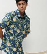 men's short sleeves floral blue shirt