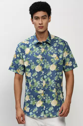 men's short sleeves floral blue shirt