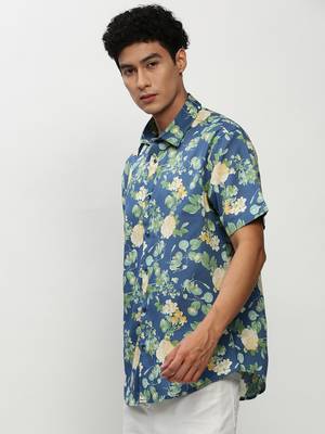 men's short sleeves floral blue shirt 3