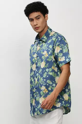 men's short sleeves floral blue shirt