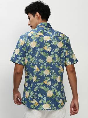 men's short sleeves floral blue shirt 4