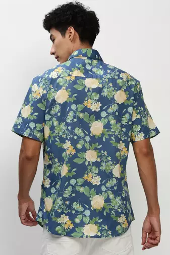 men's short sleeves floral blue shirt