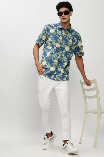 men's short sleeves floral blue shirt