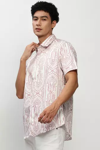 men's short sleeves ethnic motifs white shirt