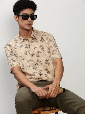 men's short sleeves floral beige shirt 1