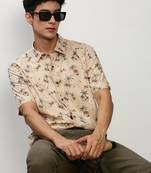 men's short sleeves floral beige shirt