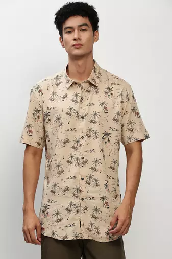 men's short sleeves floral beige shirt