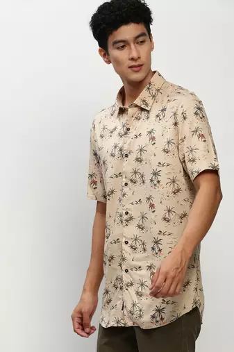 men's short sleeves floral beige shirt