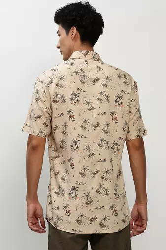 men's short sleeves floral beige shirt
