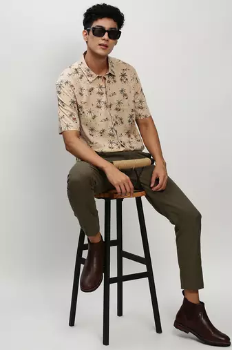 men's short sleeves floral beige shirt