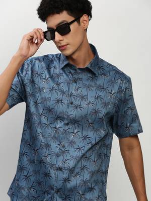 men's short sleeves floral blue shirt 1
