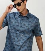 men's short sleeves floral blue shirt