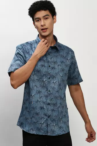 men's short sleeves floral blue shirt