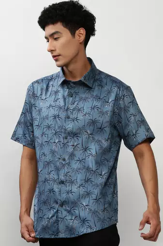 men's short sleeves floral blue shirt