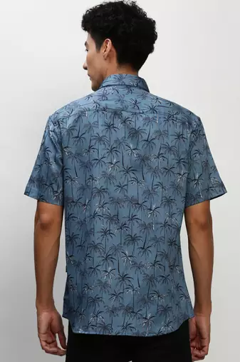 men's short sleeves floral blue shirt