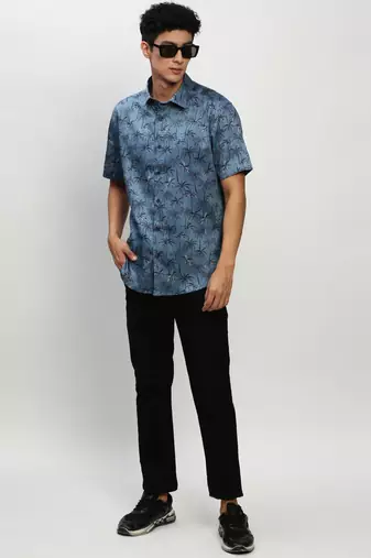 men's short sleeves floral blue shirt