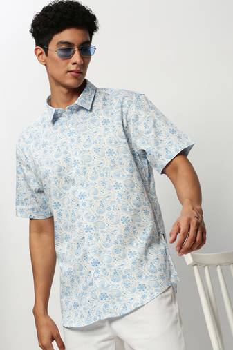 men's short sleeves ethnic motifs white shirt