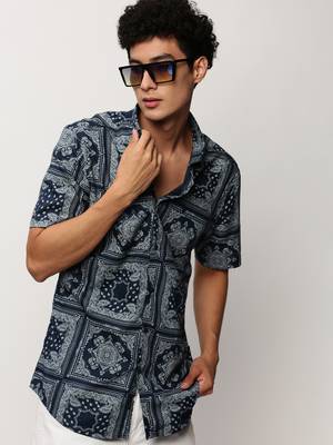 men's short sleeves ethnic motifs navy blue shirt 1