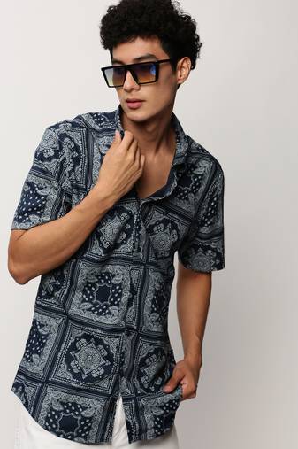 men's short sleeves ethnic motifs navy blue shirt