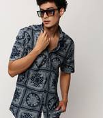 men's short sleeves ethnic motifs navy blue shirt