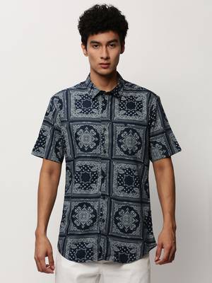 men's short sleeves ethnic motifs navy blue shirt 2