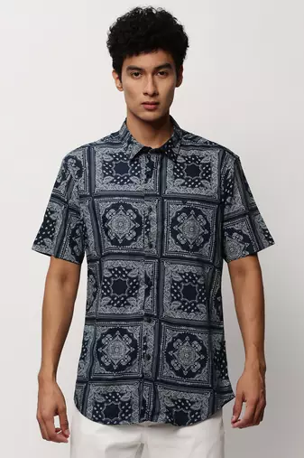men's short sleeves ethnic motifs navy blue shirt
