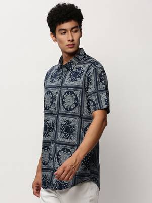 men's short sleeves ethnic motifs navy blue shirt 3