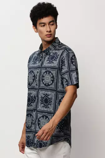 men's short sleeves ethnic motifs navy blue shirt