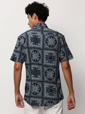 men's short sleeves ethnic motifs navy blue shirt 4