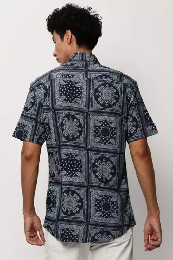 men's short sleeves ethnic motifs navy blue shirt