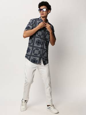 men's short sleeves ethnic motifs navy blue shirt 5