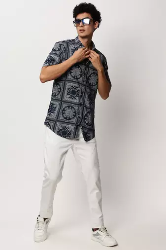 men's short sleeves ethnic motifs navy blue shirt