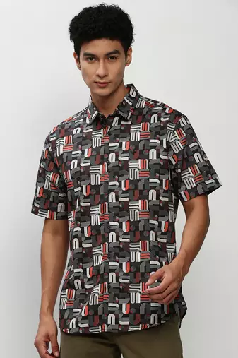 men's short sleeves abstract black shirt