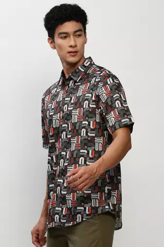 men's short sleeves abstract black shirt