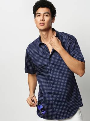 men's short sleeves geometric navy blue shirt 1