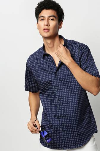 men's short sleeves geometric navy blue shirt